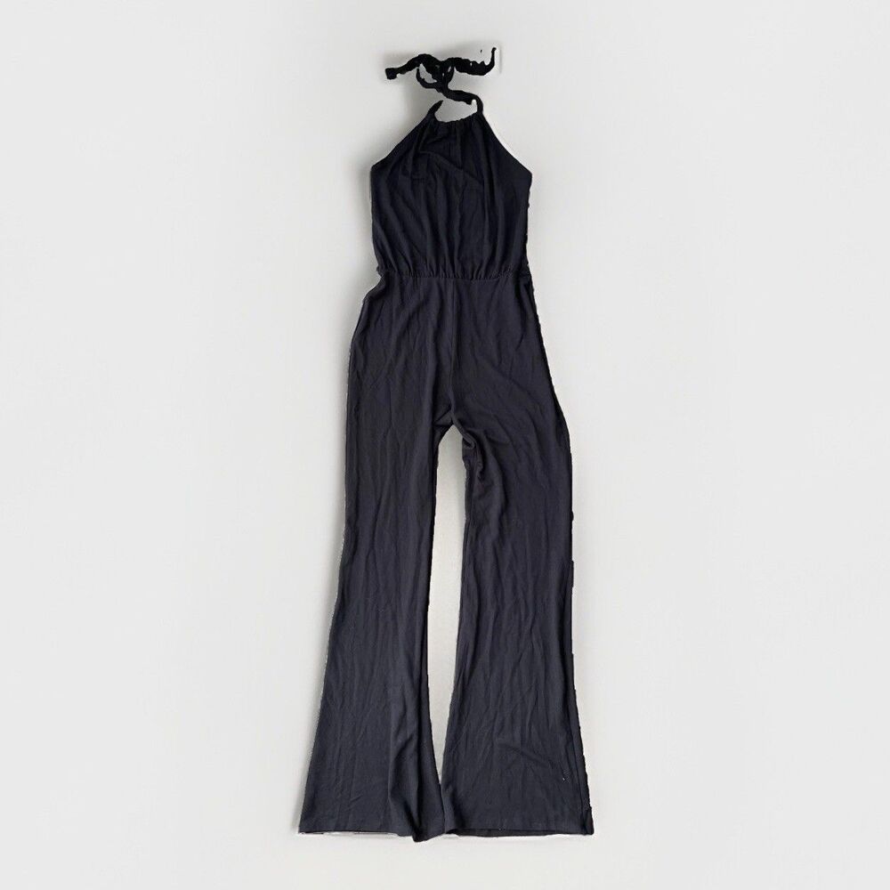Twenty Canada Black Jumpsuit Size M V-Back Halter Neck Flare Leg Soft Sexy
